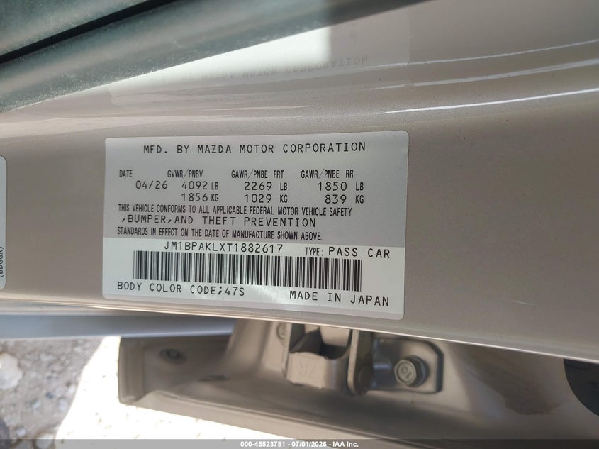 2026 Mazda 3 VIN JM1BPAKLXT1882617 IAAI salvage auction — FRONT END, Enterprise Vehicles Clear Only (Louisiana), sold $19,200 on 2026-07-07 (photo 9)