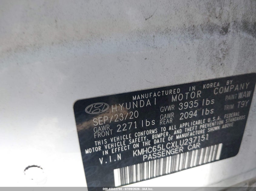2020 Hyundai Ioniq VIN KMHC65LCXLU237151 IAAI salvage auction — FRONT END, Salvage Title, sold $5,725 on 2026-07-15 (photo 9)