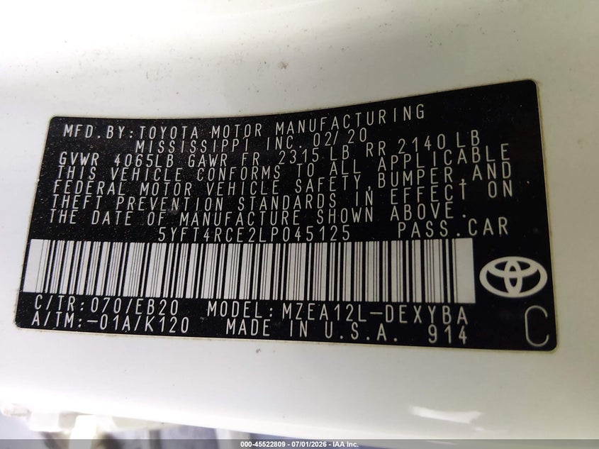 2020 Toyota Corolla VIN 5YFT4RCE2LP045125 IAAI salvage auction — RIGHT FRONT, Salvage (Arizona), sold $6,100 on 2026-07-28 (photo 9)