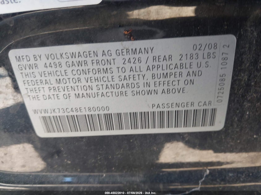 2008 Volkswagen Passat VIN WVWJK73C48E180000 IAAI salvage auction — FRONT END, Clear (Massachusetts), sold $500 on 2026-08-04 (photo 9)