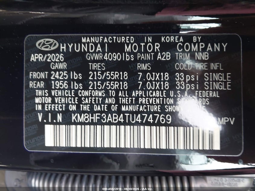 2026 Hyundai Kona VIN KM8HF3AB4TU474769 IAAI salvage auction — REAR END, Enterprise Vehicles Clear Only (Oregon), sold $9,525 on 2026-07-15 (photo 9)