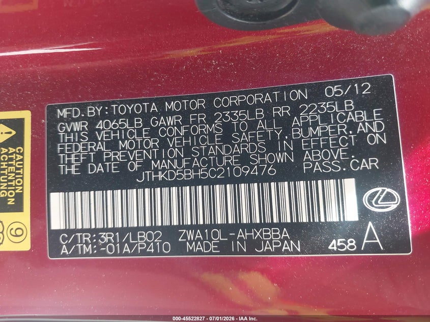 2012 Lexus Ct VIN JTHKD5BH5C2109476 IAAI salvage auction — NORMAL WEAR, Rebuilt/Restored (Utah), sold $275 on 2026-07-09 (photo 9)