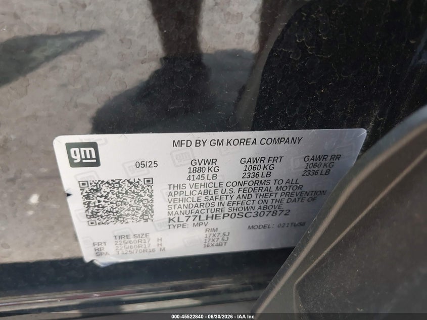 2025 Chevrolet Trax VIN KL77LHEP0SC307872 IAAI salvage auction — FRONT END, Salvage Title, sold $5,700 on 2026-08-01 (photo 9)