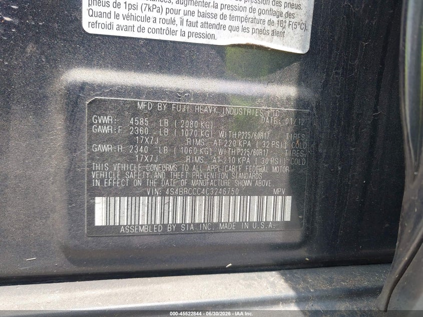 2012 Subaru Outback VIN 4S4BRCCC4C3246750 IAAI salvage auction — NORMAL WEAR, Salvage Title, sold $375 on 2026-09-07 (photo 9)