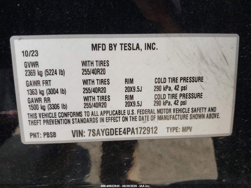 2023 Tesla Model y VIN 7SAYGDEE4PA172912 IAAI salvage auction — FRONT END, Salvage Title, sold $8,100 on 2026-07-31 (photo 9)