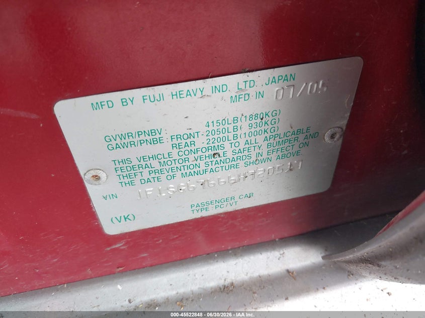 2006 Subaru Forester VIN JF1SG67666H720517 IAAI salvage auction — NORMAL WEAR, Regular Certificate (Iowa), sold $625 on 2026-07-09 (photo 9)