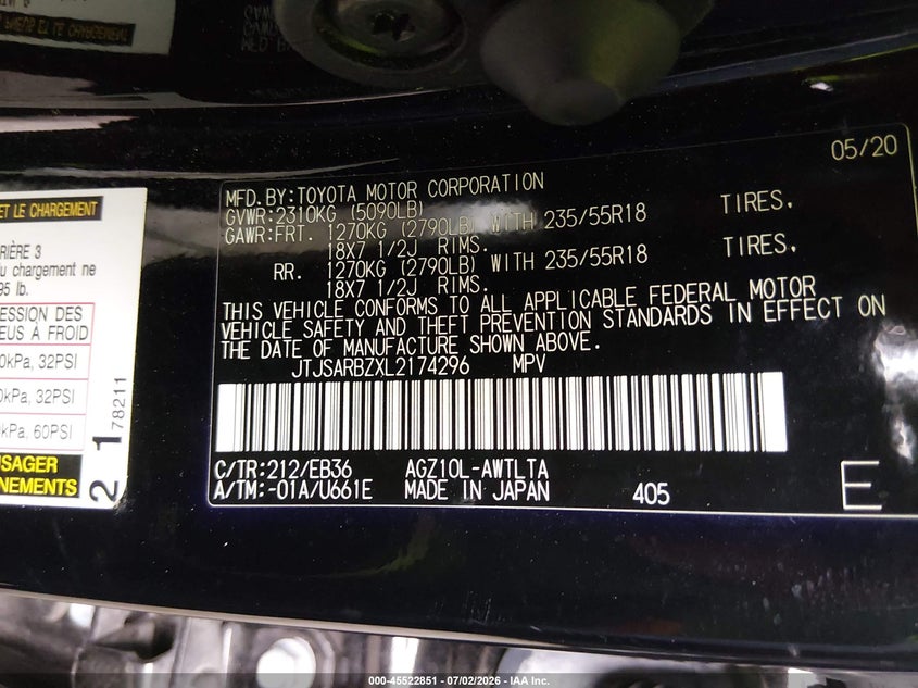2020 Lexus Nx VIN JTJSARBZXL2174296 IAAI salvage auction — FRONT END, Rebuildable (Florida), sold $8,600 on 2026-07-28 (photo 9)