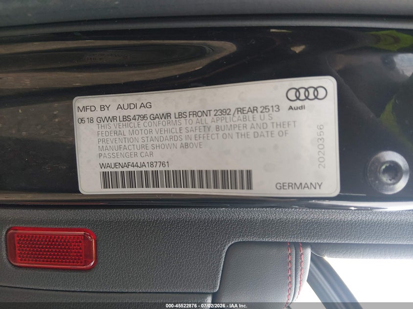 2018 Audi A4 VIN WAUENAF44JA187761 IAAI salvage auction — FRONT END, Salvage (Louisiana), sold $1,050 on 2026-07-28 (photo 9)