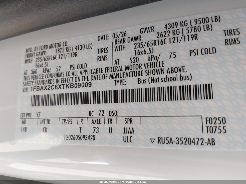 2026 Ford Transit VIN 1FBAX2C8XTKB09009 IAAI salvage auction — Normal Wear & Tear, Clear, sold $32,250 on 2026-07-08 (photo 9)