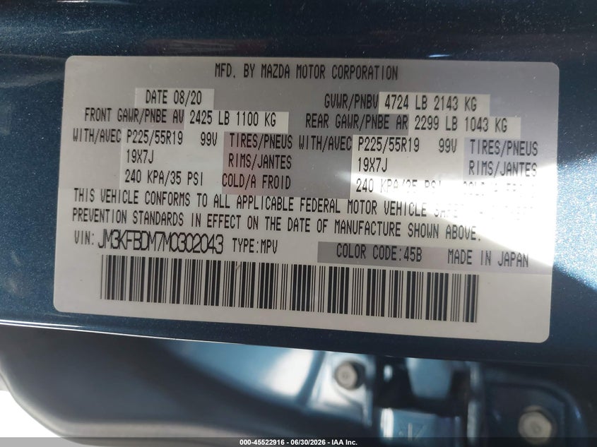 2021 Mazda Cx-5 VIN JM3KFBDM7M0302043 IAAI salvage auction — REAR END, Salvage Title, sold $7,100 on 2026-07-10 (photo 9)