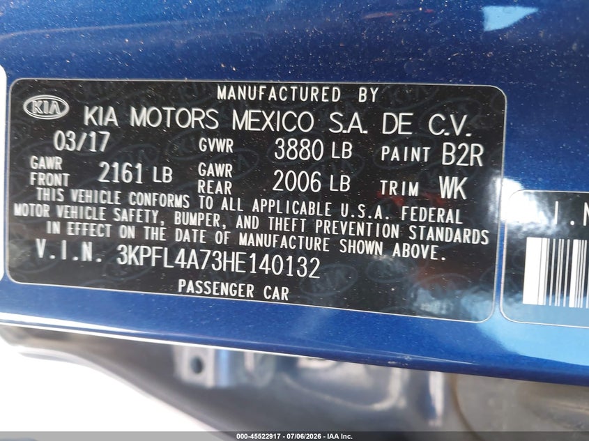 2017 Kia Forte VIN 3KPFL4A73HE140132 IAAI salvage auction — THEFT, Salvage (Texas), sold $1,100 on 2026-07-12 (photo 9)