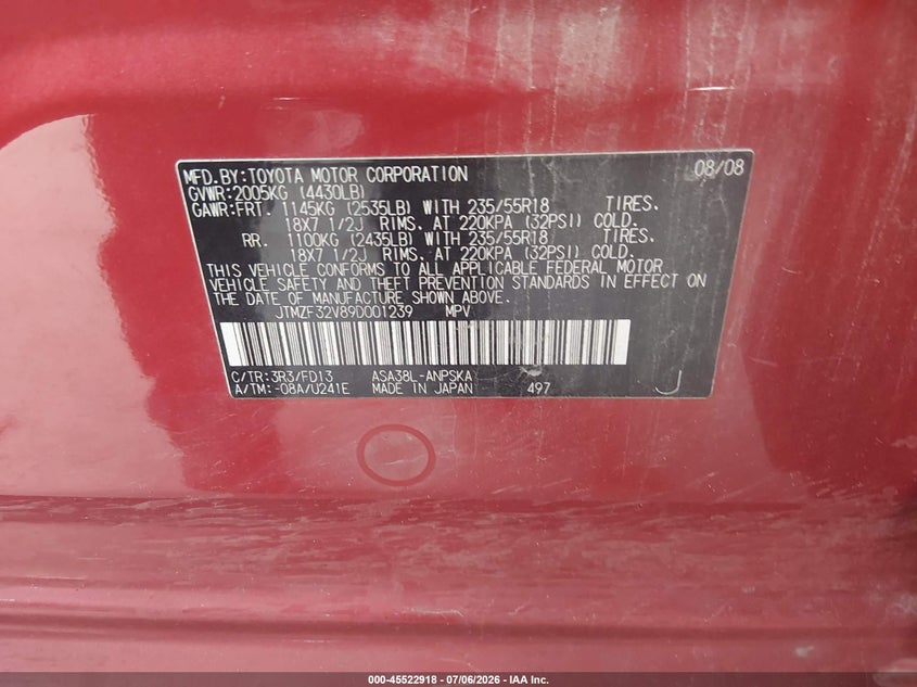 2009 Toyota Rav4 VIN JTMZF32V89D001239 IAAI salvage auction — NORMAL WEAR, Original (Texas), sold $1,050 on 2026-07-24 (photo 9)