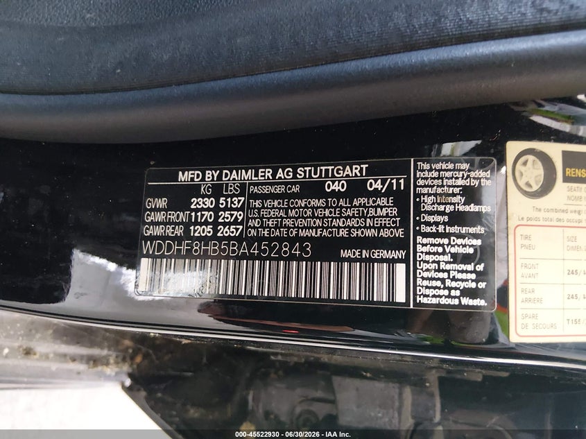 2011 Mercedes-benz E-class VIN WDDHF8HB5BA452843 IAAI salvage auction — NORMAL WEAR, Original (Texas), sold $1,400 on 2026-07-08 (photo 9)