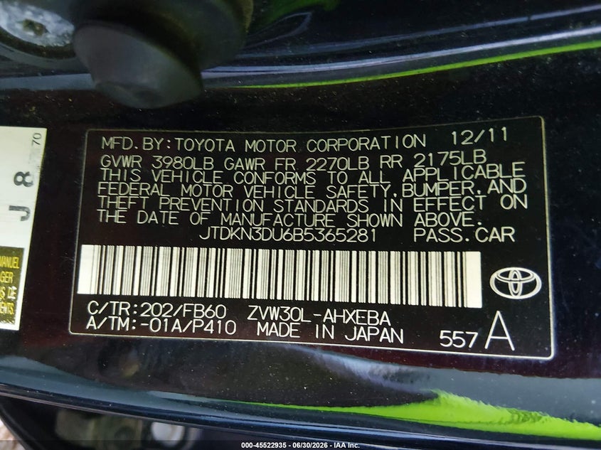 2011 Toyota Prius VIN JTDKN3DU6B5365281 IAAI salvage auction — NORMAL WEAR, Clear-Dealer Only (Arizona), sold $975 on 2026-07-28 (photo 9)