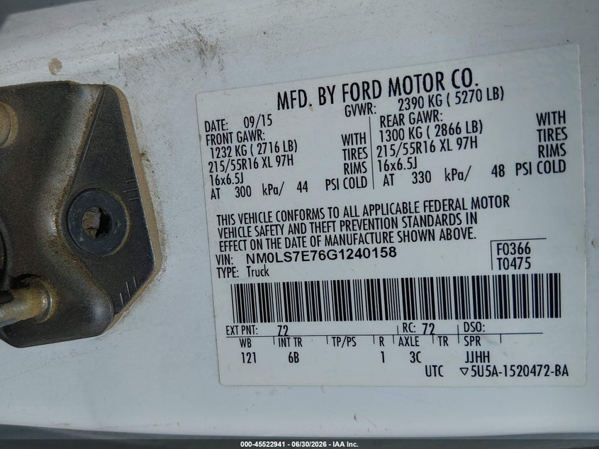 2016 Ford Transit VIN NM0LS7E76G1240158 IAAI salvage auction — NORMAL WEAR, Clear - Dealer Only (California), sold $2,650 on 2026-07-14 (photo 9)
