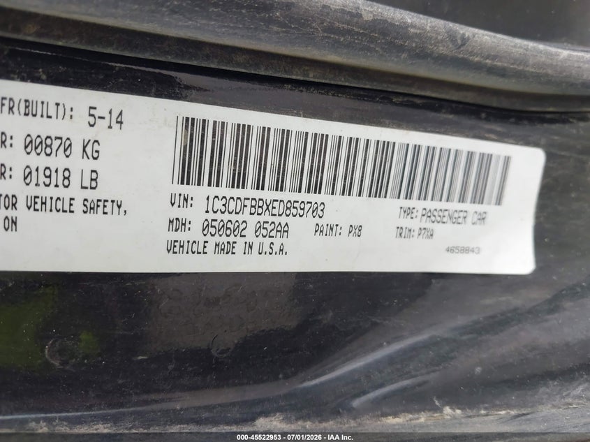 2014 Dodge Dart VIN 1C3CDFBBXED859703 IAAI salvage auction — FRONT END, Salvage Title, sold $725 on 2026-09-03 (photo 9)