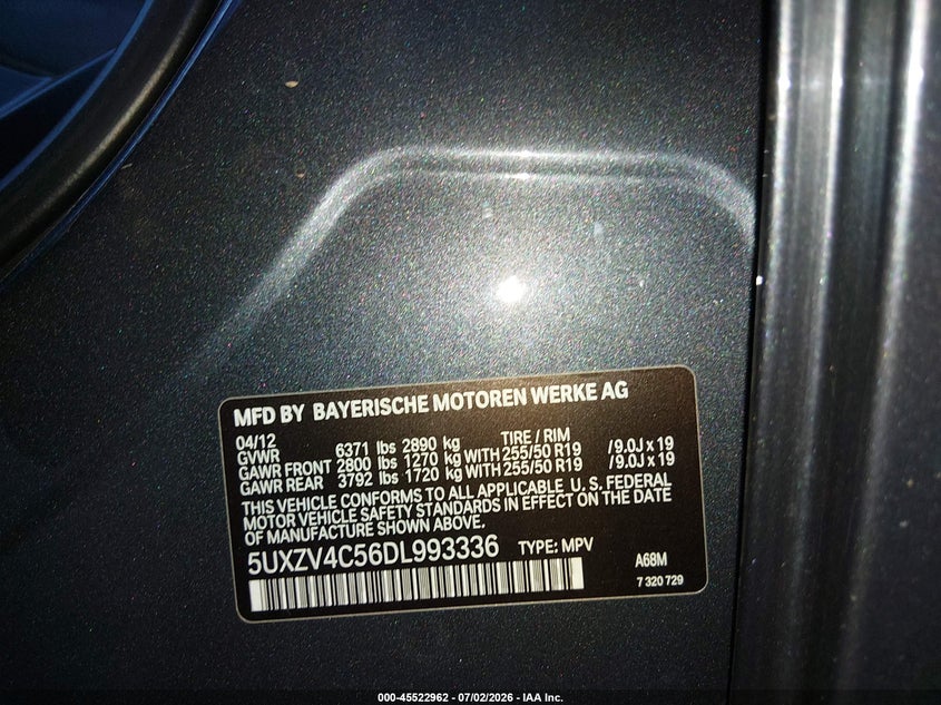 2013 BMW X5 VIN 5UXZV4C56DL993336 IAAI salvage auction — RIGHT REAR, Salvage Title, sold $25 on 2026-07-28 (photo 9)