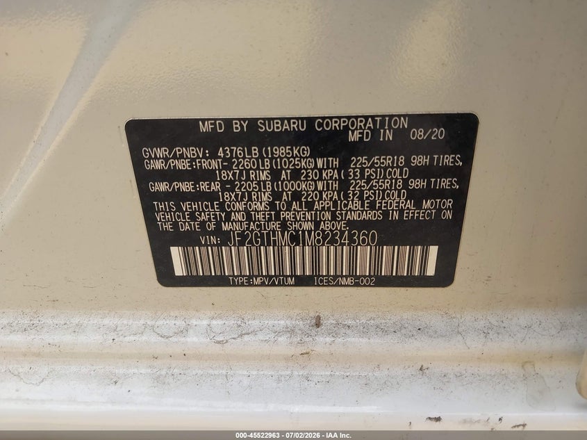 2021 Subaru Xv VIN JF2GTHMC1M8234360 IAAI salvage auction — FRONT & REAR, Salvage Title, sold $5,250 on 2026-07-23 (photo 9)