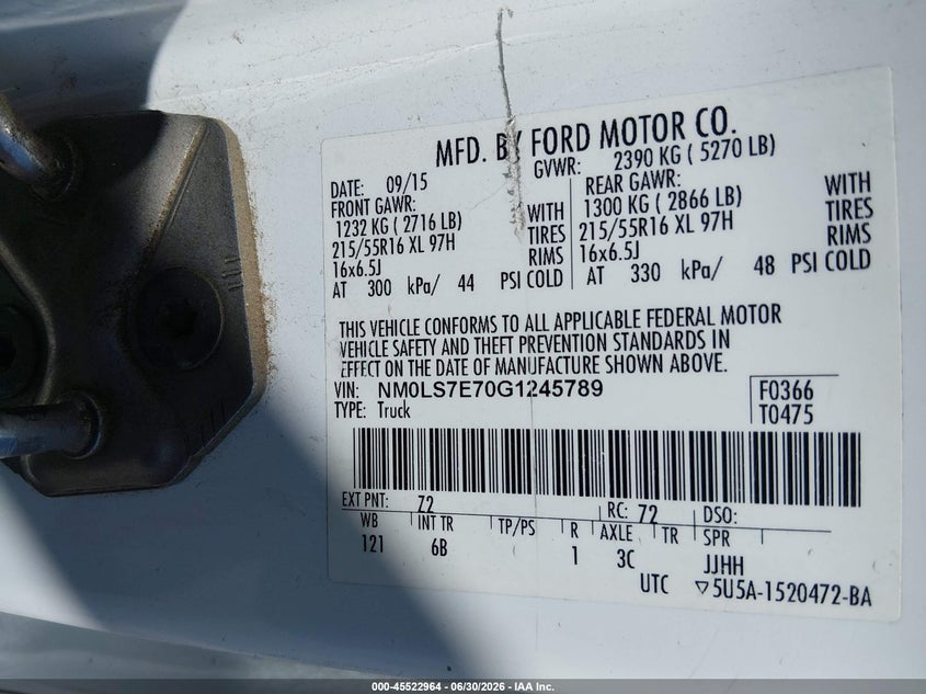 2016 Ford Transit VIN NM0LS7E70G1245789 IAAI salvage auction — NORMAL WEAR, Clear - Dealer Only (California), sold $3,400 on 2026-07-14 (photo 9)