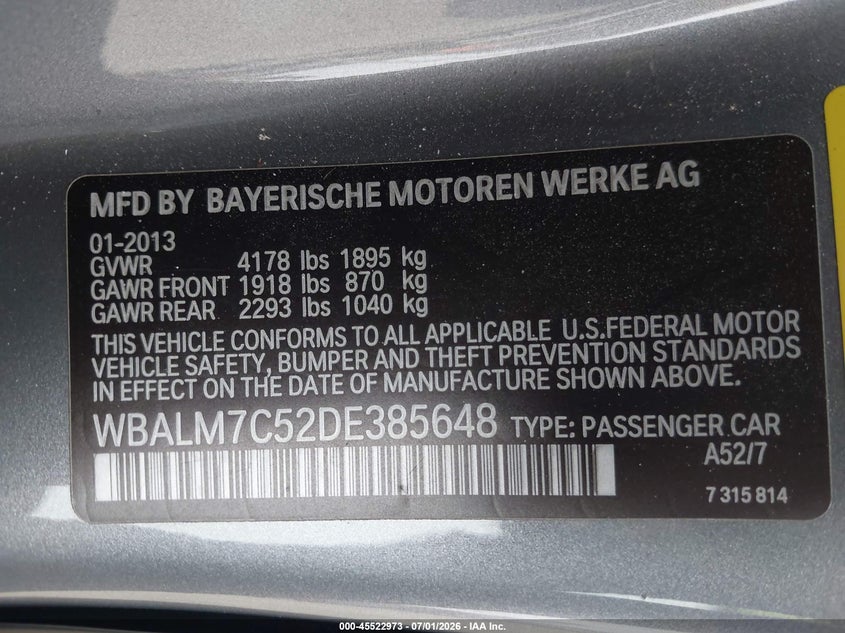 2013 BMW Z4 VIN WBALM7C52DE385648 IAAI salvage auction — REAR END, Salvage (California), sold $7,300 on 2026-07-16 (photo 9)