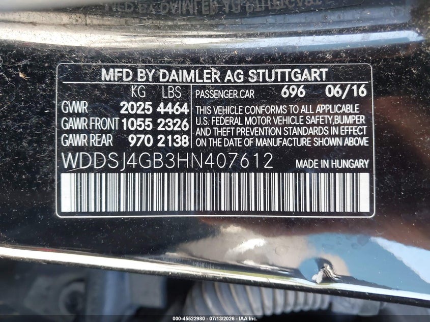 2017 Mercedes-benz Cla-klasse VIN WDDSJ4GB3HN407612 IAAI salvage auction — WATER/FLOOD, Salvage (Illinois), sold $2,200 on 2026-08-19 (photo 9)