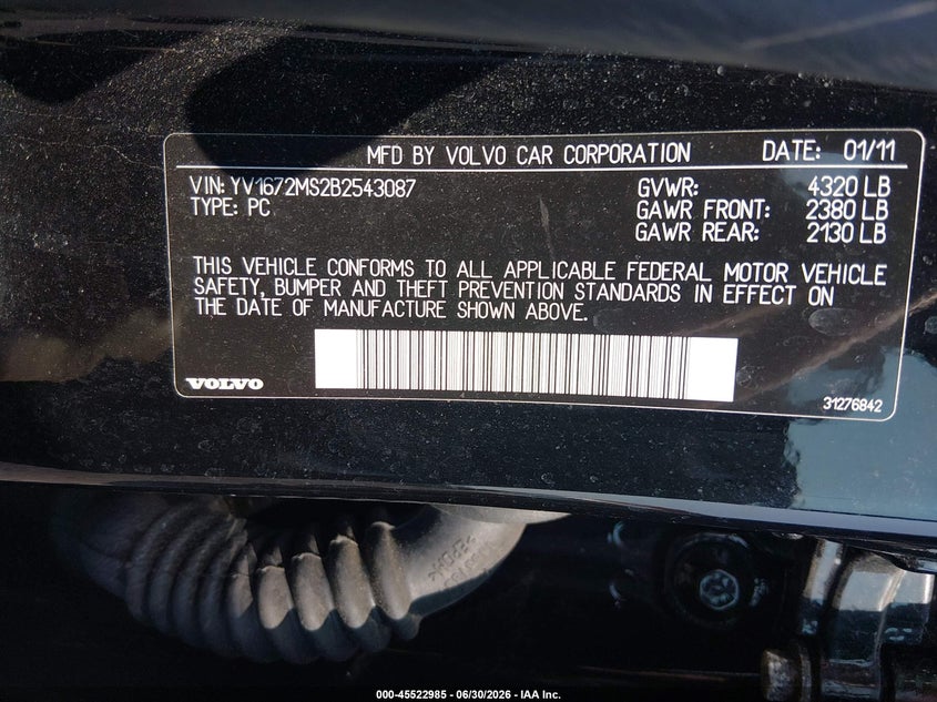 2011 Volvo S40 VIN YV1672MS2B2543087 IAAI salvage auction — NORMAL WEAR, Clear (Pennsylvania), sold $400 on 2026-07-22 (photo 9)