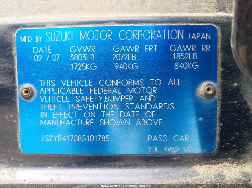 2008 Suzuki Sx4 VIN JS2YB417085101785 IAAI salvage auction — NORMAL WEAR, Original (Maine), sold $200 on 2026-07-13 (photo 9)