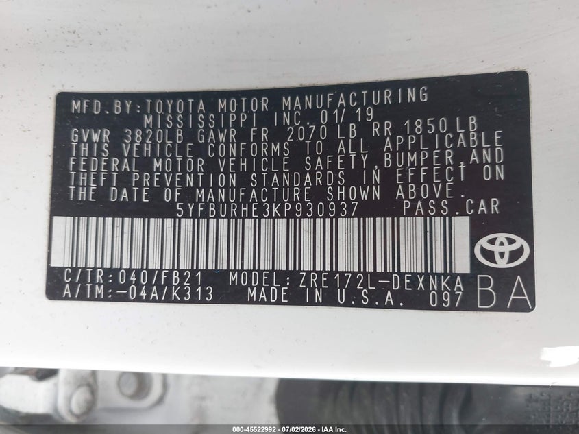 2019 Toyota Corolla VIN 5YFBURHE3KP930937 IAAI salvage auction — FRONT END, Salvage Title, sold $2,500 on 2026-07-23 (photo 9)