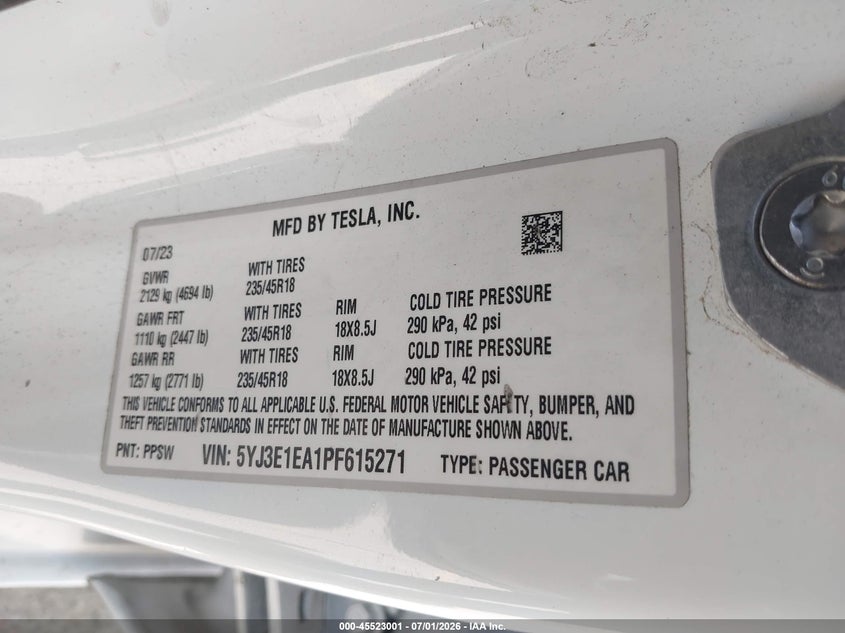 2023 Tesla Model 3 VIN 5YJ3E1EA1PF615271 IAAI salvage auction — FRONT END, Salvage Title, sold $5,700 on 2026-07-29 (photo 9)