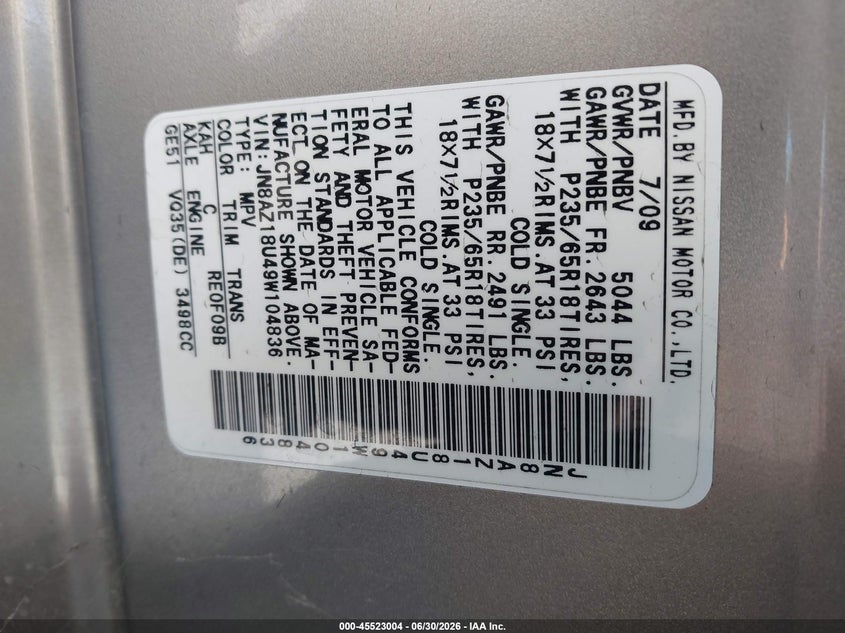 2009 Nissan Murano VIN JN8AZ18U49W104836 IAAI salvage auction — NORMAL WEAR, Clear - Dealer Only (California), sold $325 on 2026-07-20 (photo 9)