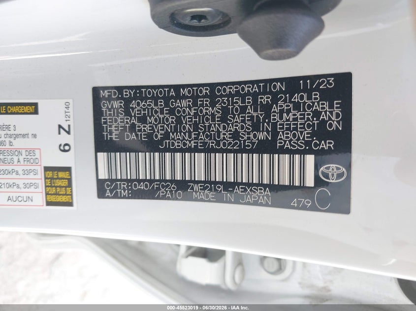 2024 Toyota Corolla VIN JTDBCMFE7RJ022157 IAAI salvage auction — SIDE, Salvage Title, sold $5,700 on 2026-07-22 (photo 9)