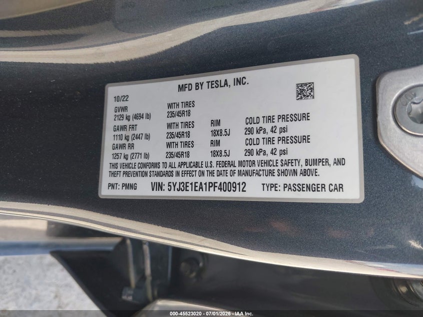 2023 Tesla Model 3 VIN 5YJ3E1EA1PF400912 IAAI salvage auction — FRONT END, Salvage (Texas), sold $4,350 on 2026-07-23 (photo 9)
