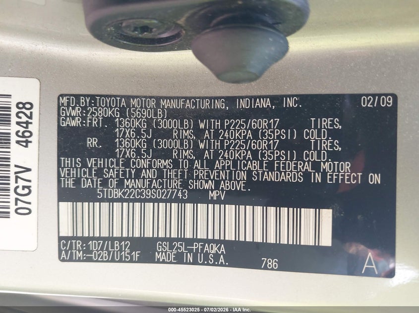 2009 Toyota Sienna VIN 5TDBK22C39S027743 IAAI salvage auction — NORMAL WEAR, Clear (Michigan), sold $875 on 2026-07-09 (photo 9)