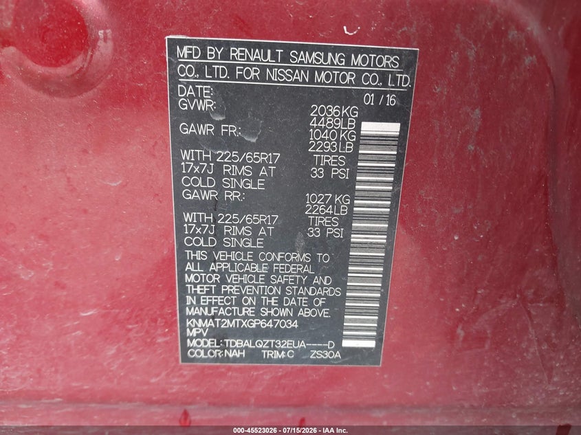 2016 Nissan Rogue VIN KNMAT2MTXGP647034 IAAI salvage auction — NORMAL WEAR, Original (Texas), sold $25 on 2026-07-29 (photo 9)