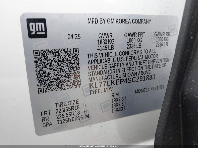 2025 Chevrolet Trax VIN KL77LKEP4SC291883 IAAI salvage auction — SIDE, Salvage Title, sold $6,650 on 2026-07-22 (photo 9)