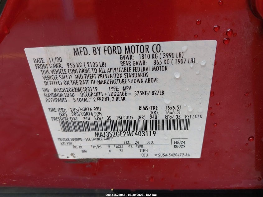 2021 Ford Ecosport VIN MAJ3S2GE2MC403119 IAAI salvage auction — FRONT & REAR, Enterprise Vehicles Clear Only (Georgia), sold $3,975 on 2026-07-22 (photo 9)