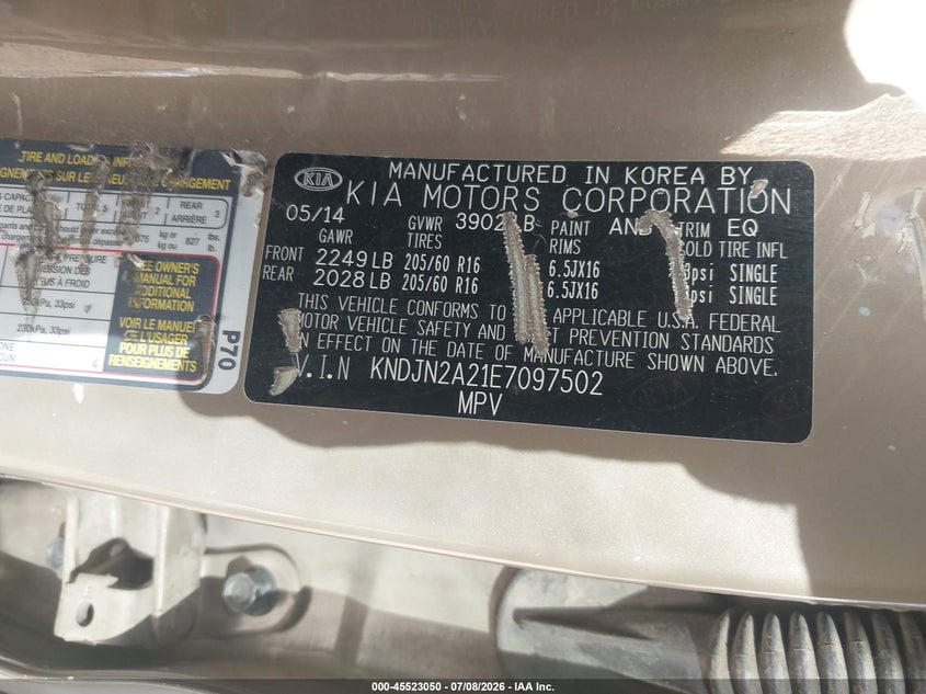 2014 Kia Soul VIN KNDJN2A21E7097502 IAAI salvage auction — THEFT, Salvage (California), sold $1,100 on 2026-07-28 (photo 9)
