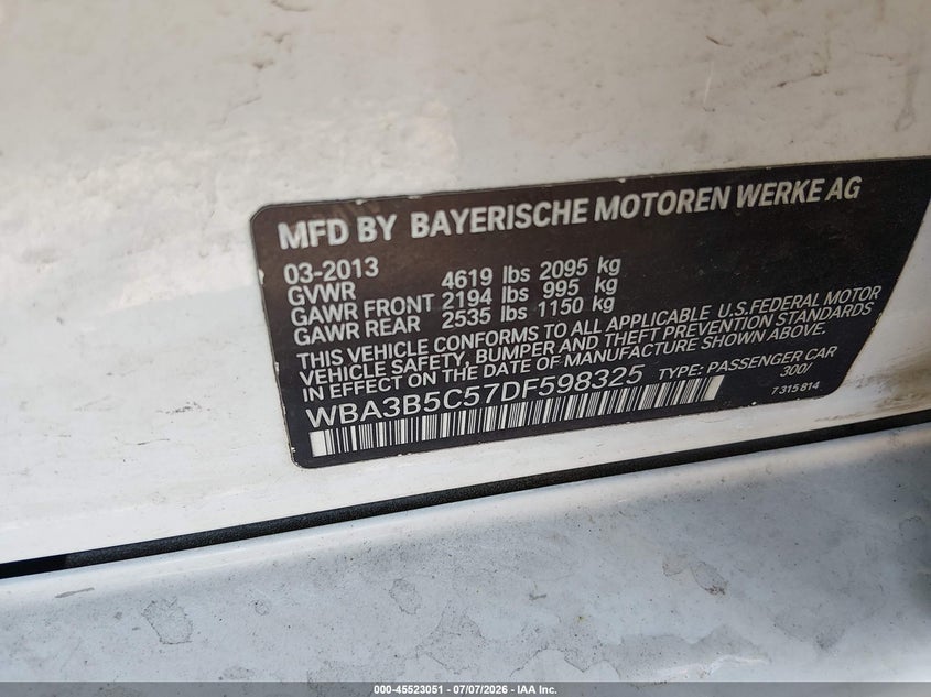 2013 BMW 3er VIN WBA3B5C57DF598325 IAAI salvage auction — REAR END, Prior Salvage (Minnesota), sold $1,250 on 2026-08-17 (photo 9)