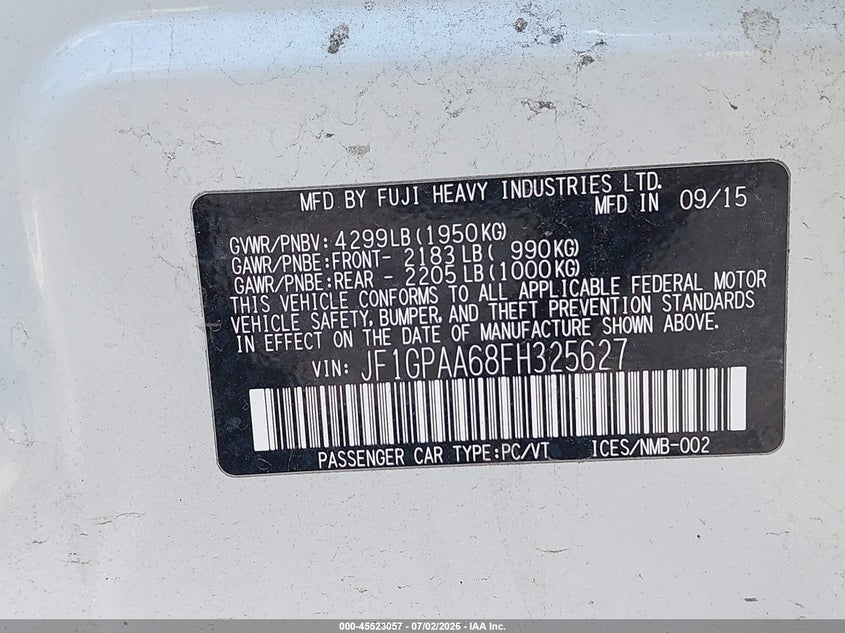 2015 Subaru Impreza VIN JF1GPAA68FH325627 IAAI salvage auction — NORMAL WEAR, Clear (Massachusetts), sold $400 on 2026-07-28 (photo 9)
