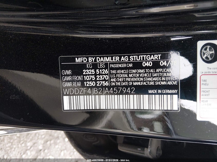 2018 Mercedes-benz E-klasse VIN WDDZF4JB2JA457942 IAAI salvage auction — FRONT END, Salvage Certificate (California), sold $9,700 on 2026-08-07 (photo 9)