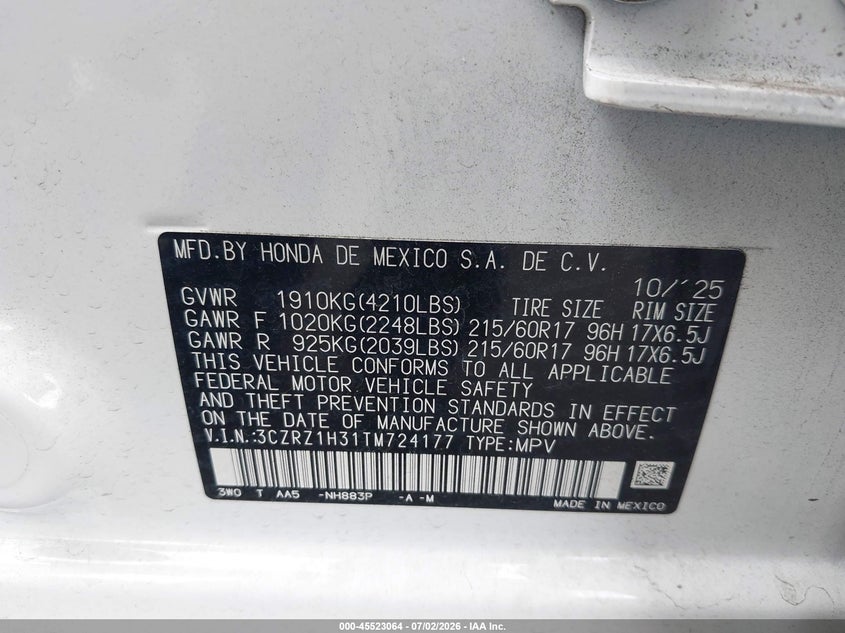 2026 Honda Hr-v VIN 3CZRZ1H31TM724177 IAAI salvage auction — REAR END, Salvage Title, sold $6,300 on 2026-07-29 (photo 9)