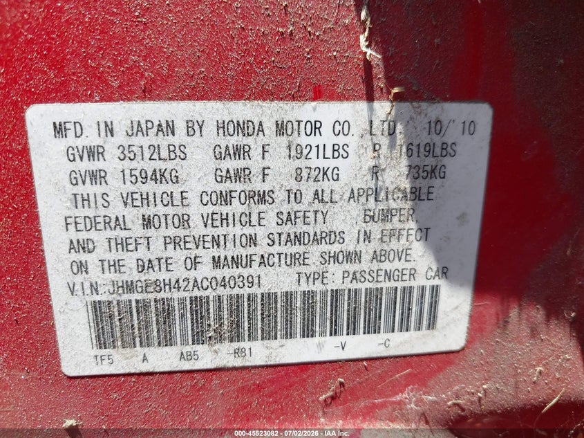 2010 Honda Fit VIN JHMGE8H42AC040391 IAAI salvage auction — REAR END, Salvage Certificate (California), sold $2,300 on 2026-07-22 (photo 9)
