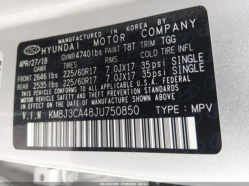 2018 Hyundai Tucson VIN KM8J3CA48JU750850 IAAI salvage auction — NORMAL WEAR, Clear (New Jersey), sold $3,500 on 2026-07-14 (photo 9)