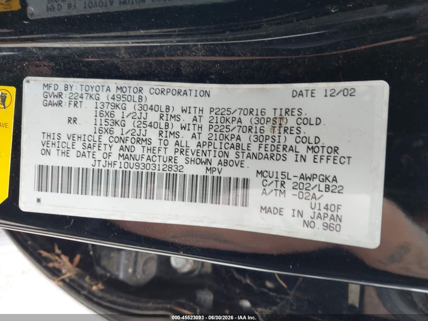 2003 Lexus Rx 300 VIN JTJHF10U930312832 IAAI salvage auction — NORMAL WEAR, Clear (Washington), sold $350 on 2026-07-15 (photo 9)