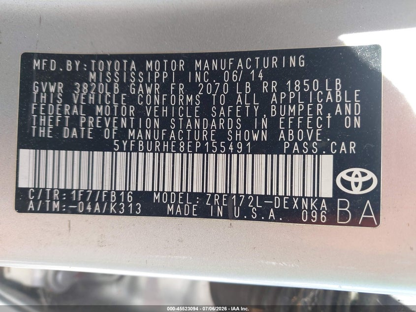 2014 Toyota Corolla VIN 5YFBURHE8EP155491 IAAI salvage auction — REAR END, Salvage (California), sold $425 on 2026-07-28 (photo 9)