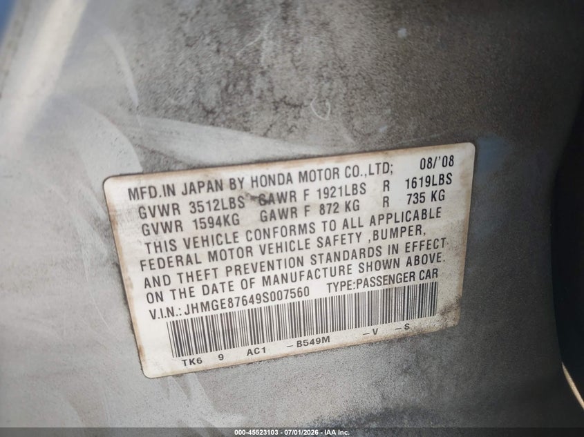 2009 Honda Fit VIN JHMGE87649S007560 IAAI salvage auction — FRONT END, Clear (Georgia), sold $400 on 2026-07-31 (photo 9)