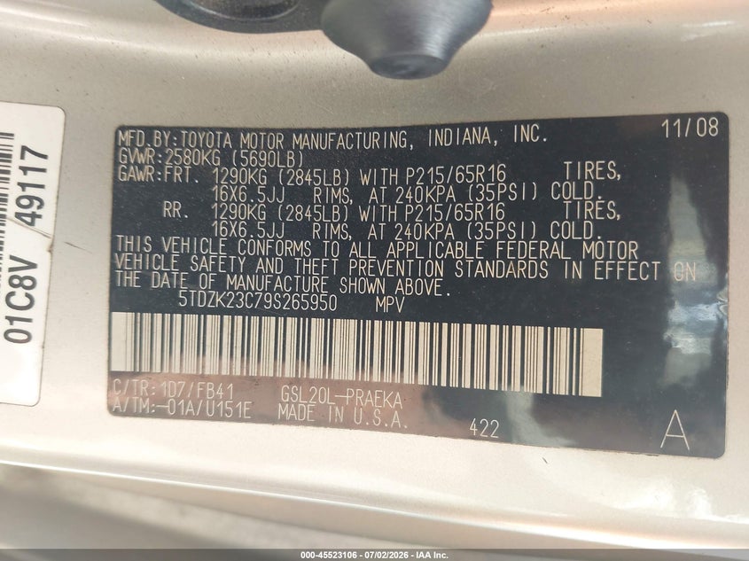 2009 Toyota Sienna VIN 5TDZK23C79S265950 IAAI salvage auction — NORMAL WEAR, Original (Texas), sold $875 on 2026-07-15 (photo 9)
