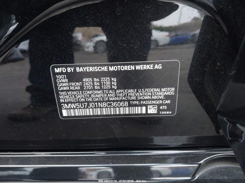 2022 BMW 3er VIN 3MW5U7J01N8C36068 IAAI salvage auction — REAR END, Salvage Certificate (California), sold $19,700 on 2026-07-31 (photo 9)