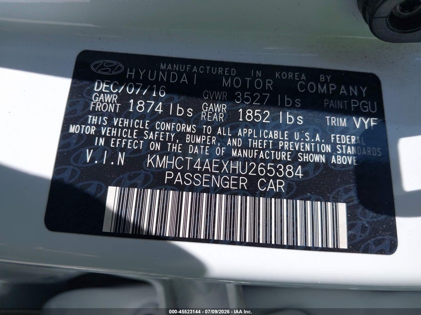 2017 Hyundai Accent VIN KMHCT4AEXHU265384 IAAI salvage auction — RIGHT FRONT, Salvage Certificate (California), sold $725 on 2026-07-22 (photo 9)