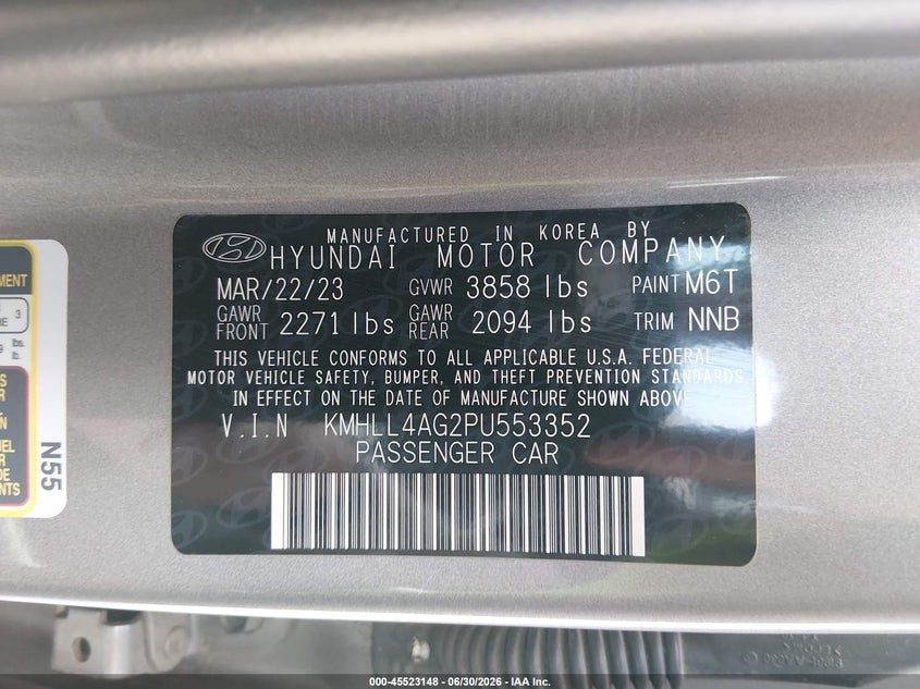 2023 Hyundai Elantra VIN KMHLL4AG2PU553352 IAAI salvage auction — ALL OVER, Sf97 (California), sold $1,150 on 2026-07-28 (photo 9)